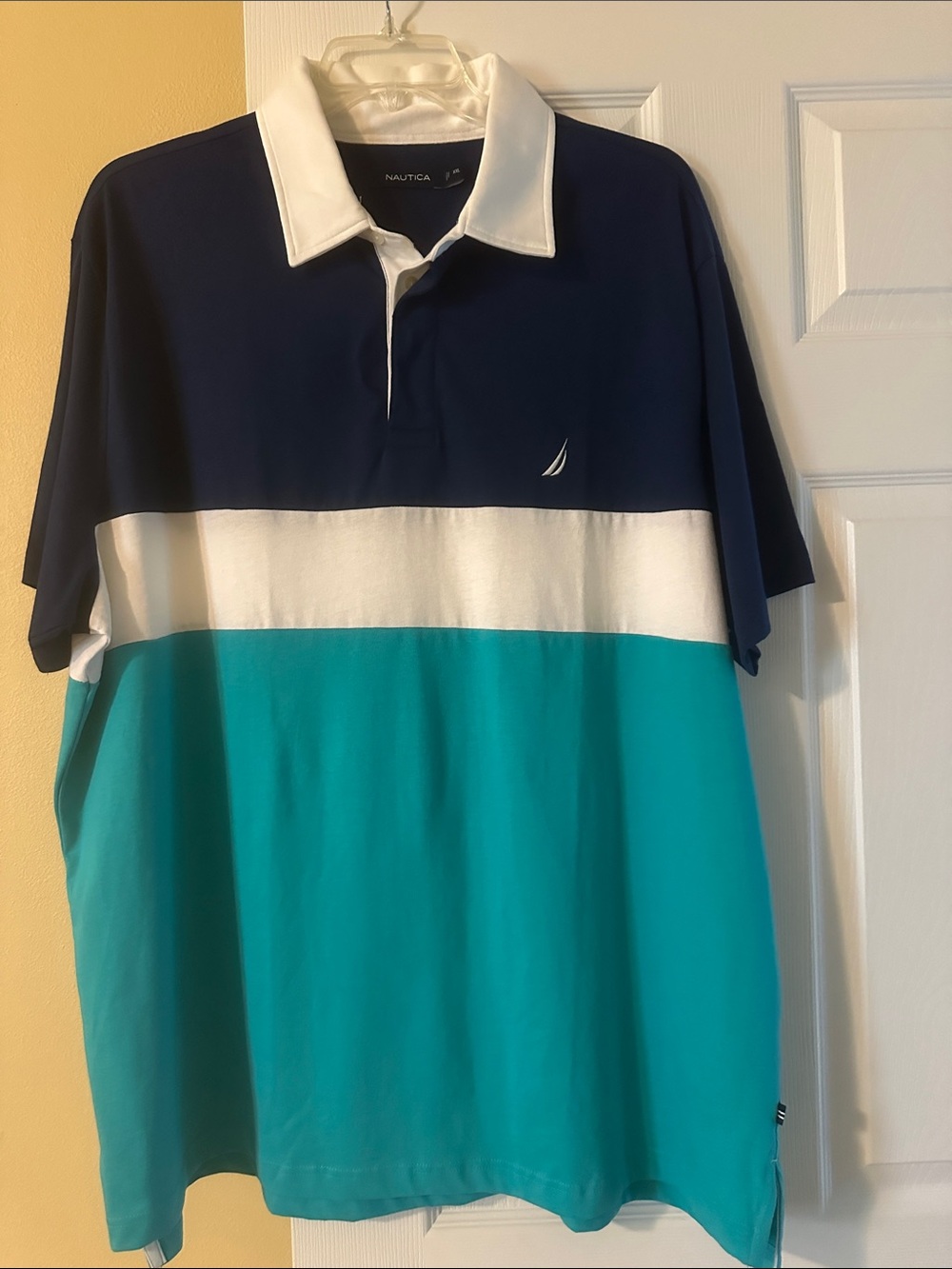 Nautica Men’s Navy White Teal Colorblock Polo